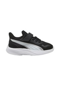 Scarpa sportiva nera con tomaia in rete traspirante, suola bianca, accenti argento e una fascia in velcro. Presenta un design testurizzato per aderenza e supporto.