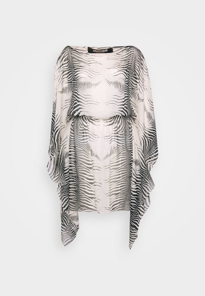 Zebrakirju kaitsekate kimono stiilis, läbipaistvast kangast, voolava disainiga, lõtva varrukate ja elastse vöökohtadega. Must-valged värvid.