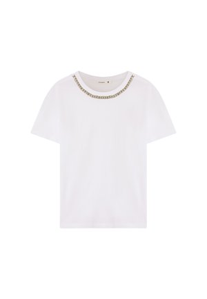 T-shirt bianca a maniche corte con scollo rotondo, caratterizzata da un accento decorativo in catena metallica lungo il colletto. Tessuto di cotone liscio.