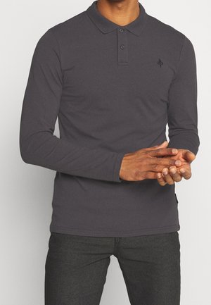 Long-sleeve dark gray polo shirt made of soft fabric, featuring a collared neck, three-button placket, and a small logo on the left chest.
