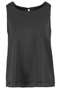 Blouse noire sans manches avec encolure ronde et petite fermeture à bouton au dos.