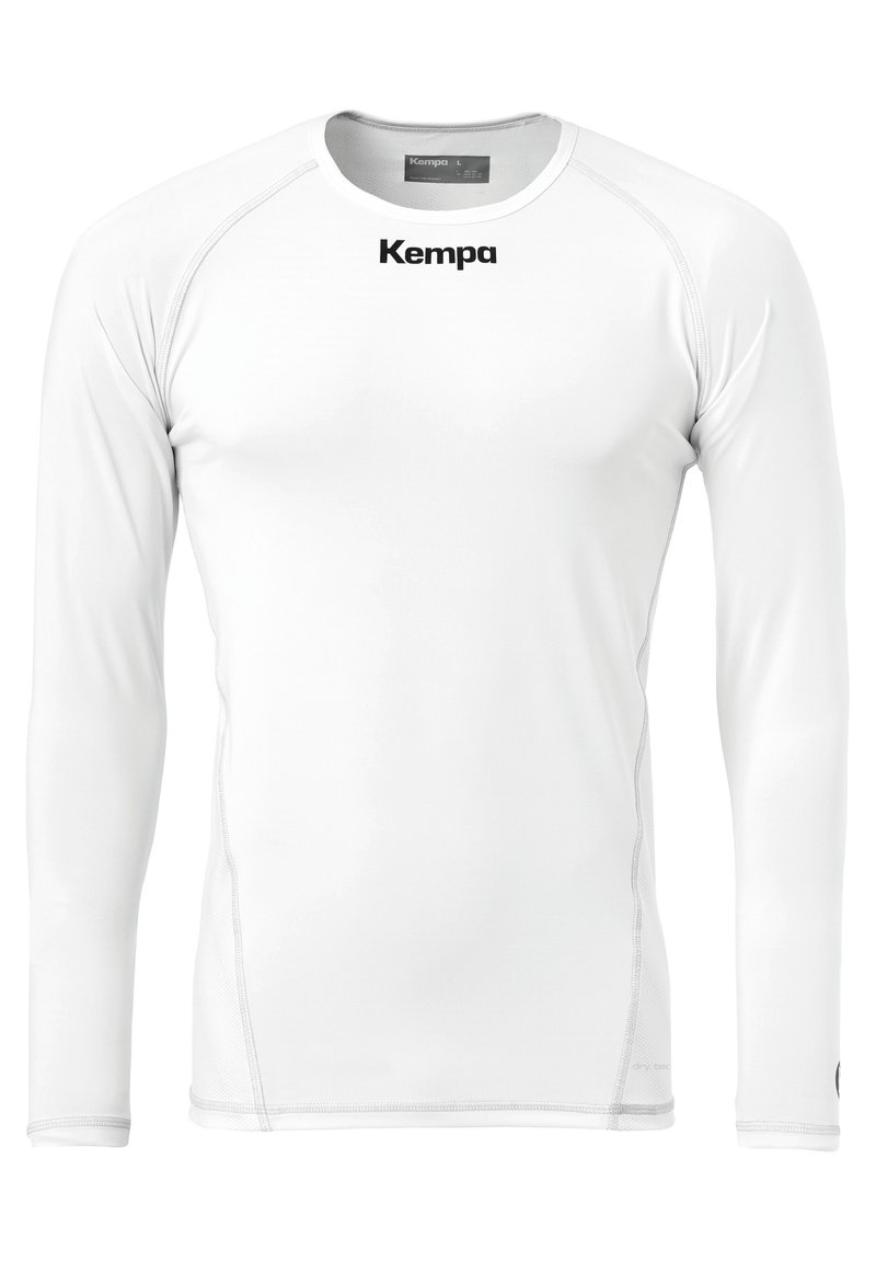Langærmet sports t-shirt i hvid, med rund hals, flade sømme og et sort "Kempa" logo på fronten. Glat, strækbart stof.