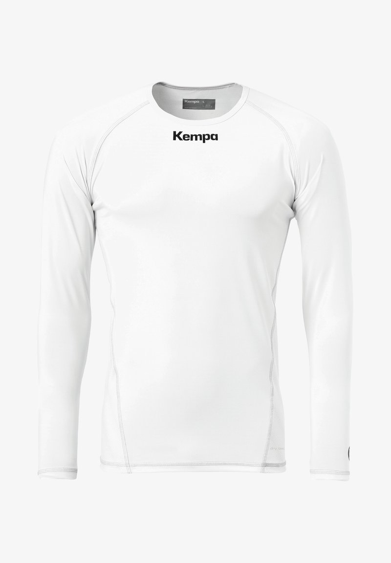 Langarm-Athletik-Shirt in Weiß, mit rundem Hals, flachen Nähten und einem schwarzen "Kempa"-Logo auf der Vorderseite. Glattes, dehnbares Material.