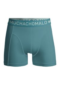 Teal boxershorts van zachte stof, met een gladde tailleband waarop "MUCHACHO" in het wit is gedrukt. Ontworpen voor een snug fit en met een keyhole voorkant.