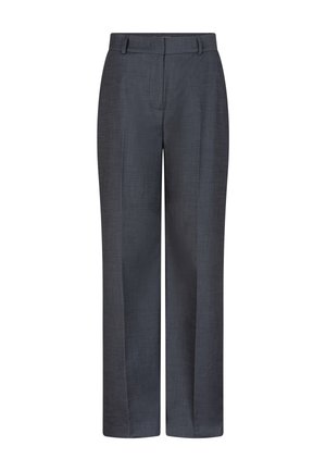 Wijdvallende broek in donkergrijs stof, met een platte voorkant, riemlussen en een gladde structuur met subtiele geweven details.