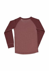 Long-sleeve shirt with a maroon body and darker maroon raglan sleeves. Soft texture, rounded neckline, and neutral stitching detail.