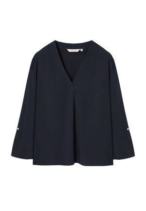 Dark navy blue long-sleeve blouse with V-neckline and small button details on sleeves, size 38.