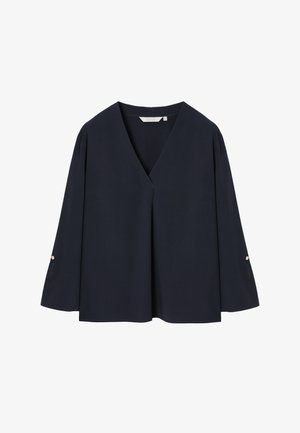 Dark navy blue long-sleeve blouse with V-neckline and small button details on sleeves, size 38.