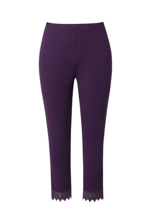 Paarse leggings met een elastische tailleband en kantafwerking aan de zoom. Gladde stoftextuur, nauwsluitend model, cropped lengte.
