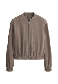 Veste bomber marron clair avec fermeture éclair frontale, poignets et taille élastiques, et un col court.