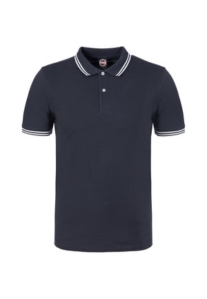 Navyblå polo med korte ærmer med hvide dobbelte striber på kraven og ærmekanter, to-knaps stolpe og Colmar logo på kraveetiketten.