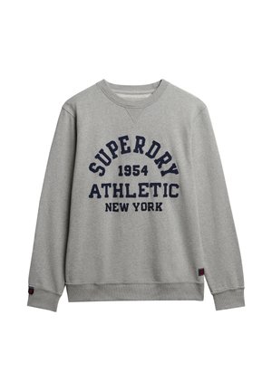 Szary bawełnowy sweatshirt z granatowym napisem "SUPERDRY 1954 ATHLETIC NEW YORK". Prążkowane mankiety i dół, okrągły dekolt, luźny krój.