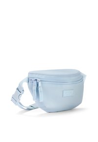 Vihreä vyölaukku vaaleansinisestä kestävästä kankaasta, jossa on vetoketjullinen pääosa, säädettävä hihna ja kohokuvioitu logo edessä.