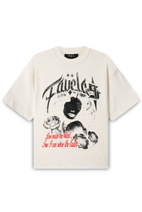 Cream short-sleeve cotton T-shirt with black graphic print featuring roses and text, round neckline, and relaxed fit.