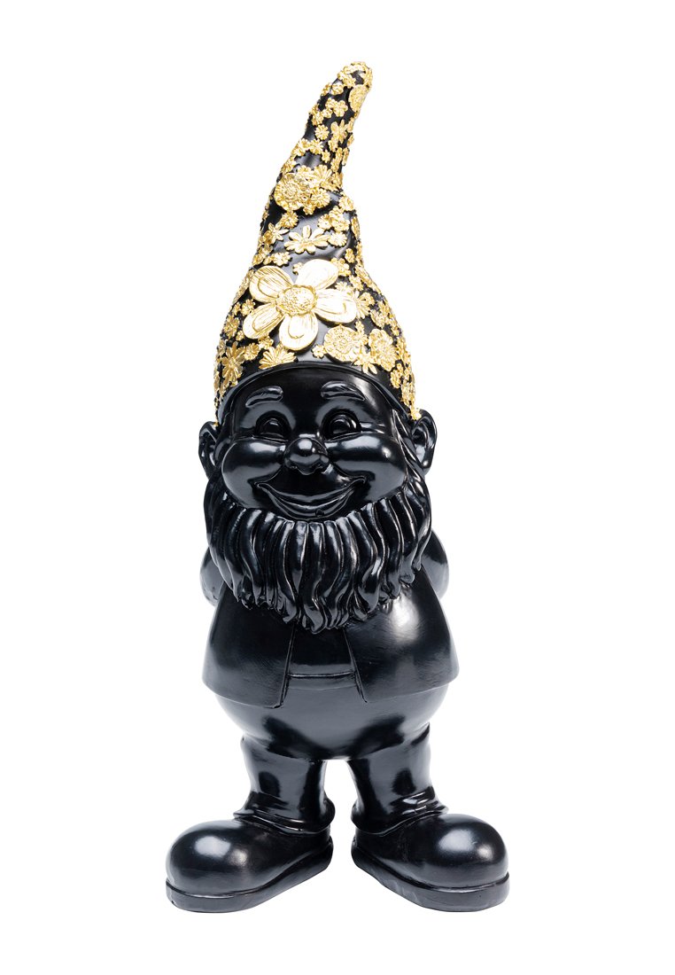 Figurine de gnome noir avec un visage souriant et une barbe texturée, portant un chapeau pointu doré et à motifs floraux. Fini brillant, forme arrondie.