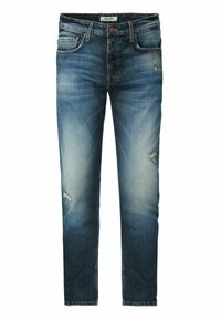 Vaqueros de denim en un degradado de azul oscuro a claro, con parches desgastados. Corte ajustado con diseño clásico de cinco bolsillos y cierre de botón.