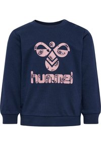 Marineblaues Sweatshirt mit langen Ärmeln, mit einem pinken Logo und abstraktem Muster auf der Vorderseite. Gerippte Bündchen und Halsausschnitt.