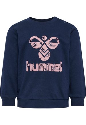 Marineblaues Sweatshirt mit langen Ärmeln, mit einem pinken Logo und abstraktem Muster auf der Vorderseite. Gerippte Bündchen und Halsausschnitt.