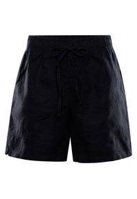 Pantalones cortos de lino azul marino oscuro con cinturilla elástica, cordón ajustable y bolsillos laterales. Diseño sencillo con un acabado texturizado.