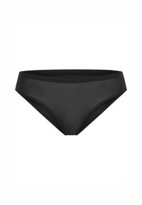 Črne bikinijeve hlačke iz gladkega, elastičnega materiala. Imajo klasičen kroj z nizkim pasom in minimalno pokritostjo ob straneh.