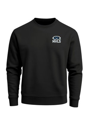 Schwarzer Pullover mit rundem Ausschnitt und gerippten Bündchen. Zeigt ein blau-weißes NVLS-Logo auf der linken Brustseite. Schlichtes Design.