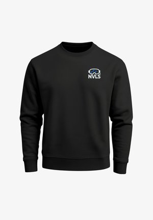 Schwarzer Pullover mit rundem Ausschnitt und gerippten Bündchen. Zeigt ein blau-weißes NVLS-Logo auf der linken Brustseite. Schlichtes Design.