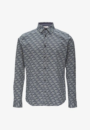 Overhemd met knoopsluiting in marineblauw met een geometrisch patroon in crème en lichtblauw. Geheel voorzien van een kraag en lange mouwen met knoopmanchetten.