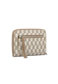 Beige wallet featuring a textured pattern of wavy lines. It has a zippered compartment and a leather pull tab for added functionality.