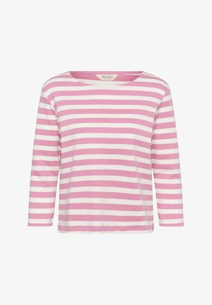 Cămașă cu mânecă lungă în dungi roz și alb, din bumbac, cu decolteu rotund, croială lejeră, cusături vizibile de-a lungul tivului și mansetelor.