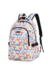 Backpack with abstract pattern in red, blue, yellow, and black on white fabric; features adjustable straps, front pocket, and smooth zippers.
