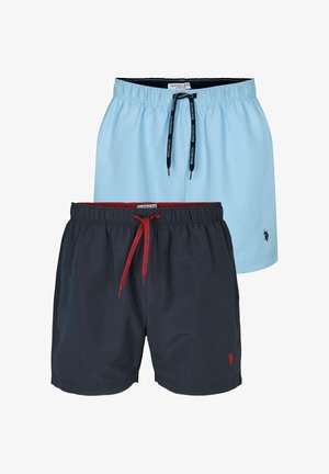 Marineblauwe zwembroek met rood trekkoord, elastische tailleband en zijzakken. Gemaakt van lichtgewicht stof, ontworpen voor comfort en bewegingsvrijheid.