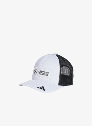 White baseball cap with a black mesh back, featuring a front logo patch and three black stripes on the visor. Made of synthetic material.