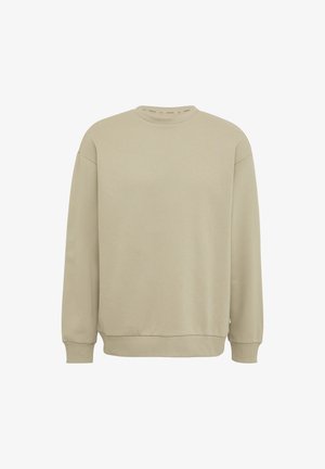 Beige crewneck-sweater ribidega põlvede ja äärega, valmistatud pehmest kangast. Ees on diskreetne logo ja lõige on mugav.