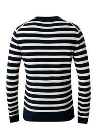 Sweter w paski w kolorze granatowym i kremowym, z dzianiny, z okrągłym dekoltem, długimi rękawami, dopasowanym fasonem, poziomymi paskami oraz ściągaczami na rękawach i u dołu.