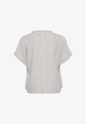 Lühikeste varrukatega, lõdva istuvusega sviiter heledast kangast, millel on vahelduvad kitsad hallid ja valged triibud ning diskreetne krae.