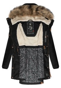 Black insulated parka with a faux fur hood, cream fleece lining, and patterned inner lining in dark shades with accents of pink and white.