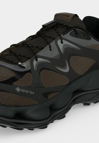 Тъмнокафяв и черен туристически обувка Gore-Tex с горна част от мрежа, подсилени наслоявания, черни връзки и дебела текстурирана подметка за използване на открито.