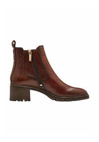 Bottines en cuir marron avec fermeture éclair sur le côté et tirant, disposent d'un talon empilé et d'une semelle texturée pour une meilleure traction et durabilité.