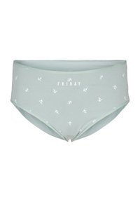 Mint green cotton brief with a smooth texture, featuring a “FRIDAY” print and small white floral patterns throughout.