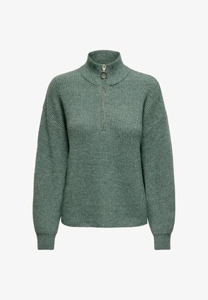 Zielony dzianinowy sweter z wysokim kołnierzem i pół-zamkiem, z prążkowaną teksturą i opadającymi ramionami, zapewniający luźny krój.