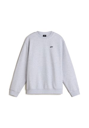 Grauer Sweatshirt aus weichem Stoff mit rundem Ausschnitt, überschnittenen Schultern, gerippten Bündchen und einem kleinen gestickten Logo auf der Brust.