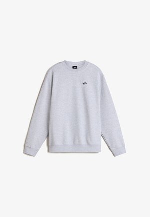 Grauer Sweatshirt aus weichem Stoff mit rundem Ausschnitt, überschnittenen Schultern, gerippten Bündchen und einem kleinen gestickten Logo auf der Brust.