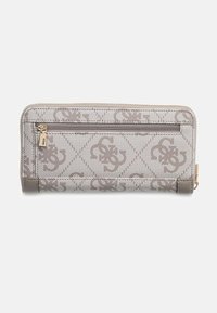 Portfel z tkaniny w szarym kolorze, wyposażony w zamek błyskawiczny na całym obwodzie i małą zewnętrzną kieszonkę, ozdobiony subtelnym wzorem monogramu.