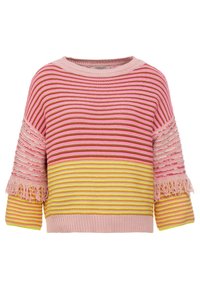 Striped knitted sweater in pink, yellow, and brown hues. Features fringed sleeve ends and a relaxed fit with short sleeves and round neckline.