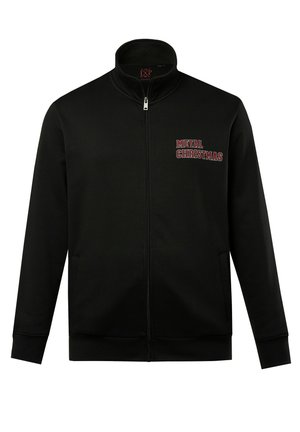 Felpa nera con zip e colletto alto, con la scritta "METAL CHRISTMAS" in lettere rosse sul lato sinistro del petto, realizzata in tessuto testurizzato.