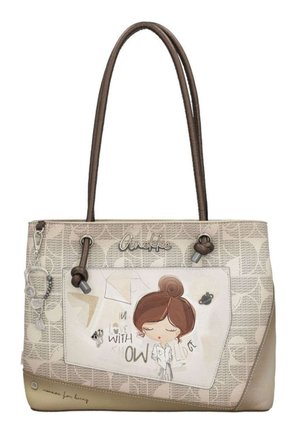 Borsa beige e marrone con manici lunghi, con illustrazione di una ragazza dei cartoni animati e scritta "Innamorata della conoscenza."