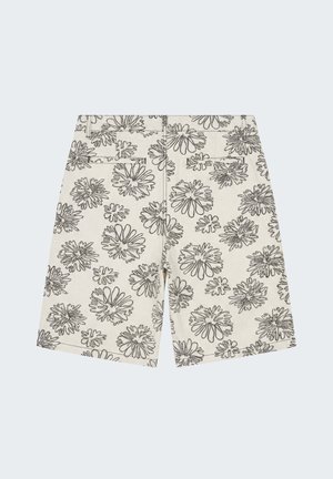 Beige shorts met een zwart omlijnde bloemprint, voorzien van twee achterzakken en standaard stiksels.