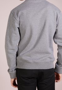 Felpa grigia realizzata in materiale morbido con polsini e orlo a coste. Vista dal retro che mostra un design semplice e una vestibilità comoda. Pantaloni neri visibili.