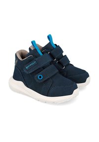 Zapatillas altas de velcro azul marino con acentos en azul claro, cuello acolchado y suela de goma blanca con agarre texturizado.
