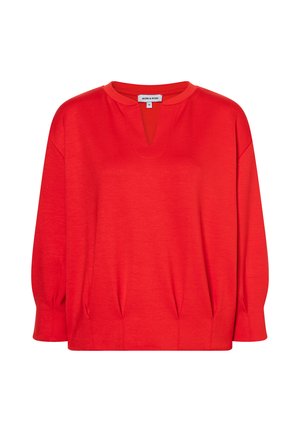 Rode blouse met lange mouwen, een V-hals, ronde kraag en lichte plooien bij de zoom.